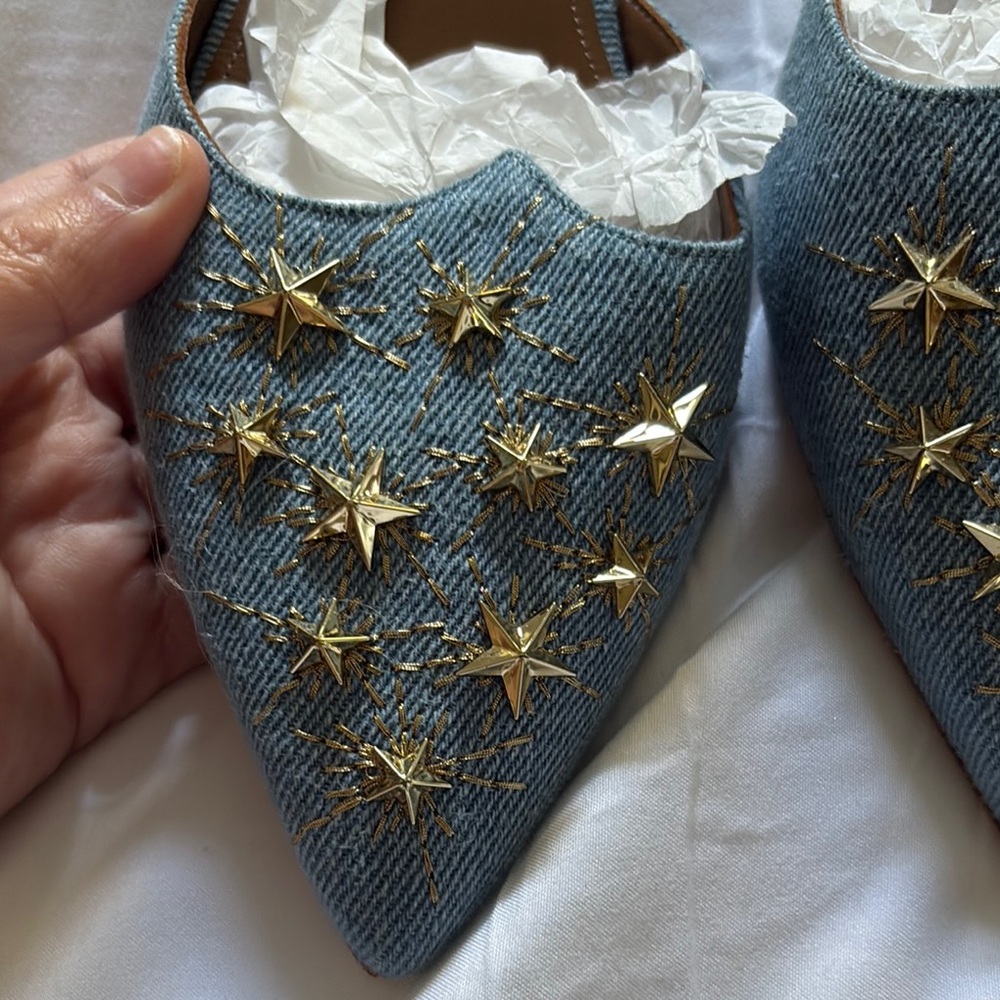 Aquazzura Denim Blue Star Embellished Flats size 7 - Picture 5 of 8